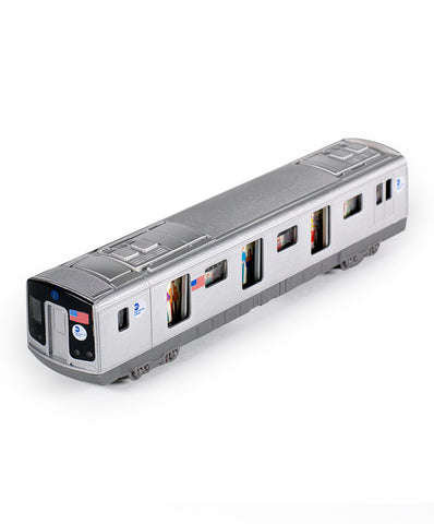 A silver plastic toy subway car with doors, windows and wheels.