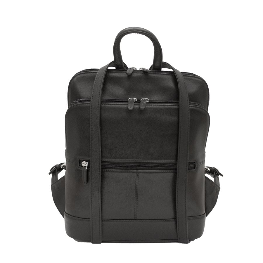 Leather backpack shown against a white background. The backpack features a structured silhouette with adjustable shoulder straps, a front zip compartment and zip pocket. Crafted from genuine leather, it includes a spacious interior with a zip pocket and two slip pockets. Measures approximately 10.75" × 12" × 5".