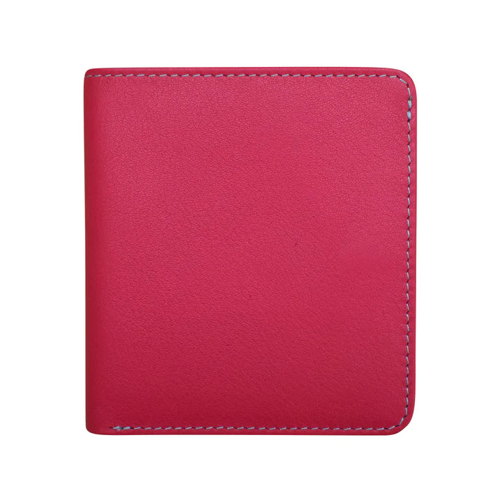 Small, genuine leather two‑tone bifold wallet measuring 3.5 by 3.75 inches and one‑quarter inch thick. Smooth leather with snap button closure, RFID‑blocking lining, interior ID window and card slots, plus a zip pocket on the back. Compact and lightweight for everyday carry. Outside color is listed first in Indian pink with turquoise.