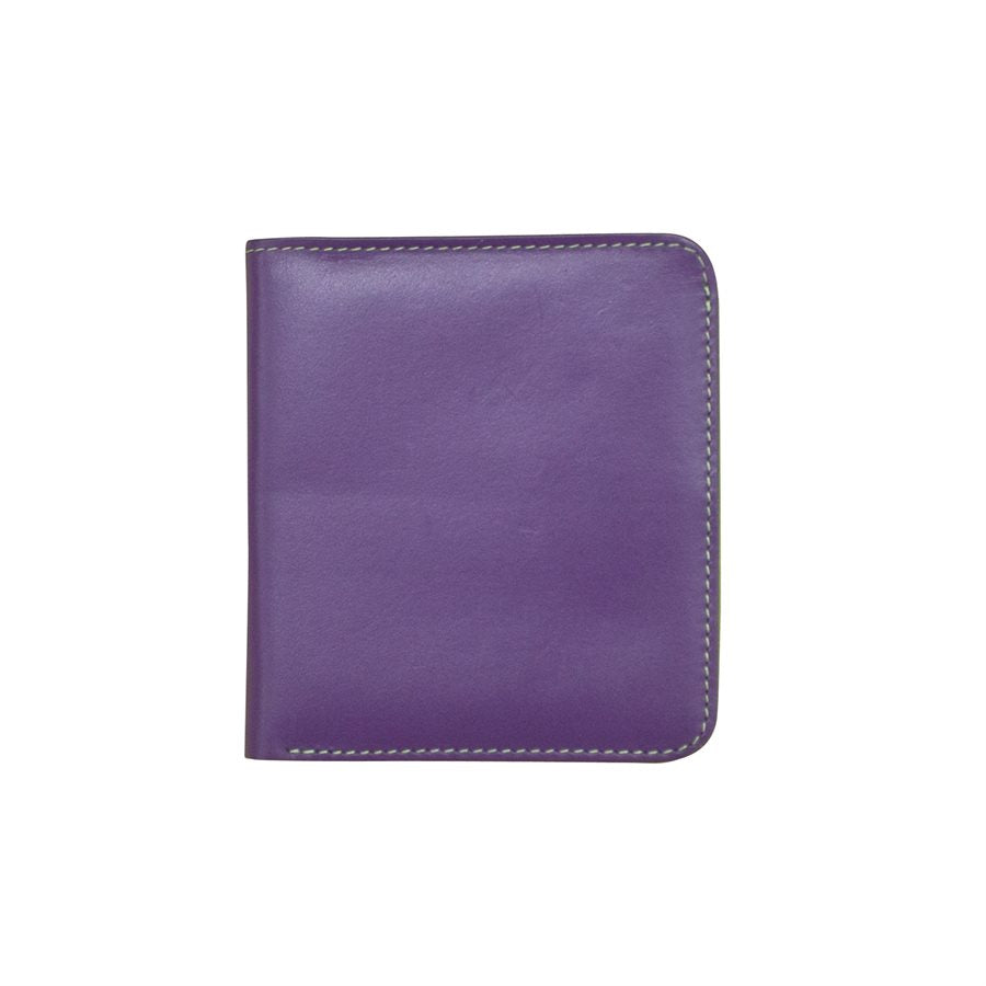 Small, genuine leather two‑tone bifold wallet measuring 3.5 by 3.75 inches and one‑quarter inch thick. Smooth leather with snap button closure, RFID‑blocking lining, interior ID window and card slots, plus a zip pocket on the back. Compact and lightweight for everyday carry. Outside color is listed first in purple with pear green.