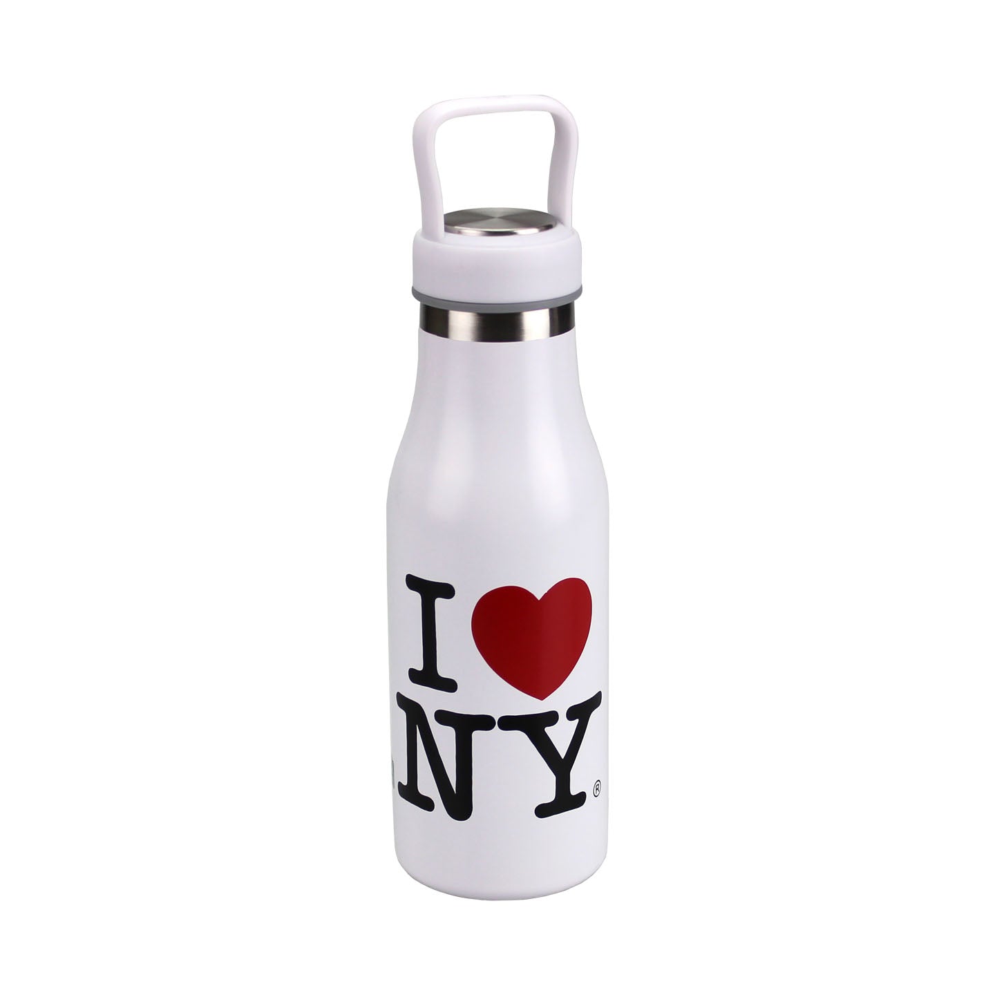 A sleek bright‑white cylindrical water bottle with a matte finish. Centered on the front is the black “I NY” logo with a bold red heart standing in for “love,” creating a crisp, high‑contrast look. The chrome‑and‑white cap includes a built‑in carrying loop for easy use.
Provide your feedback on BizChat
