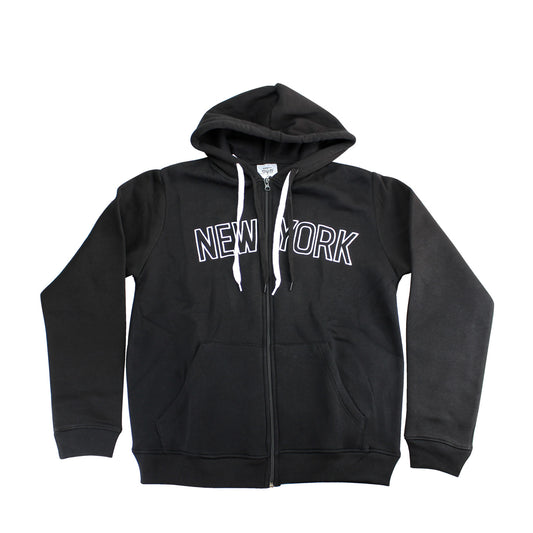 This is a black zip front hoodie made from soft cotton/polyester blend fabric. Across the upper front, the words “NEW YORK” appear in large black letters outlined in white, stretching horizontally across the chest and standing out through contrast and texture. The hoodie fastens with a front zipper and includes flat white drawstrings at the hood. The sleeves and bottom edge have snug, banded cuffs for a comfortable fit.