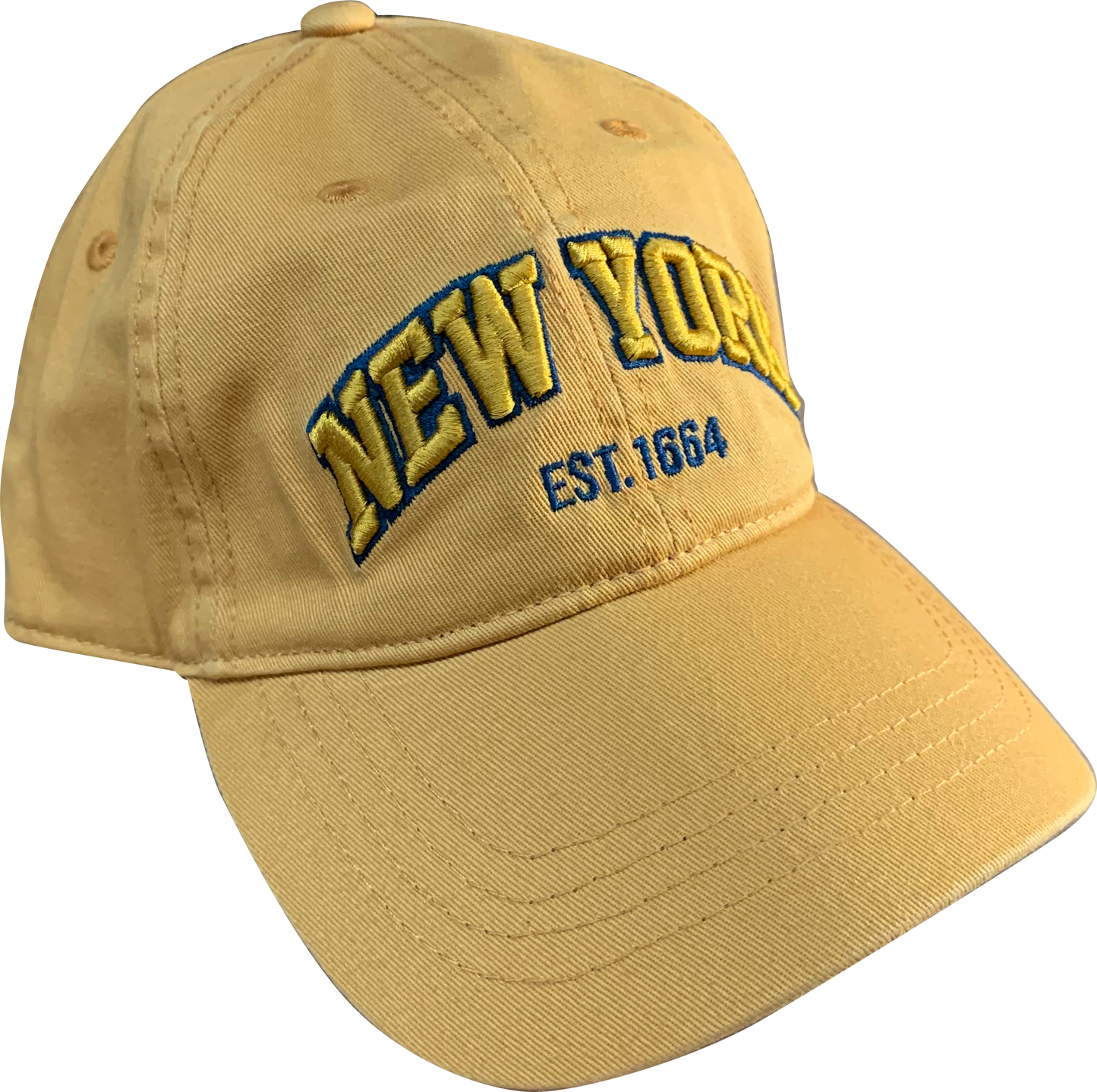 This is a classic yellow-mustard baseball‑style cap with a curved brim and a structured crown made from smooth, sturdy fabric. On the front panel, “New York” is embroidered in raised yellow stitching outlined in navy, with “Est. 1664” stitched below in navy below. The embroidery is textured and can be felt by touch. Inside, the cap features a comfortable sweatband. An adjustable strap at the back allows it to fit a range of head sizes. 