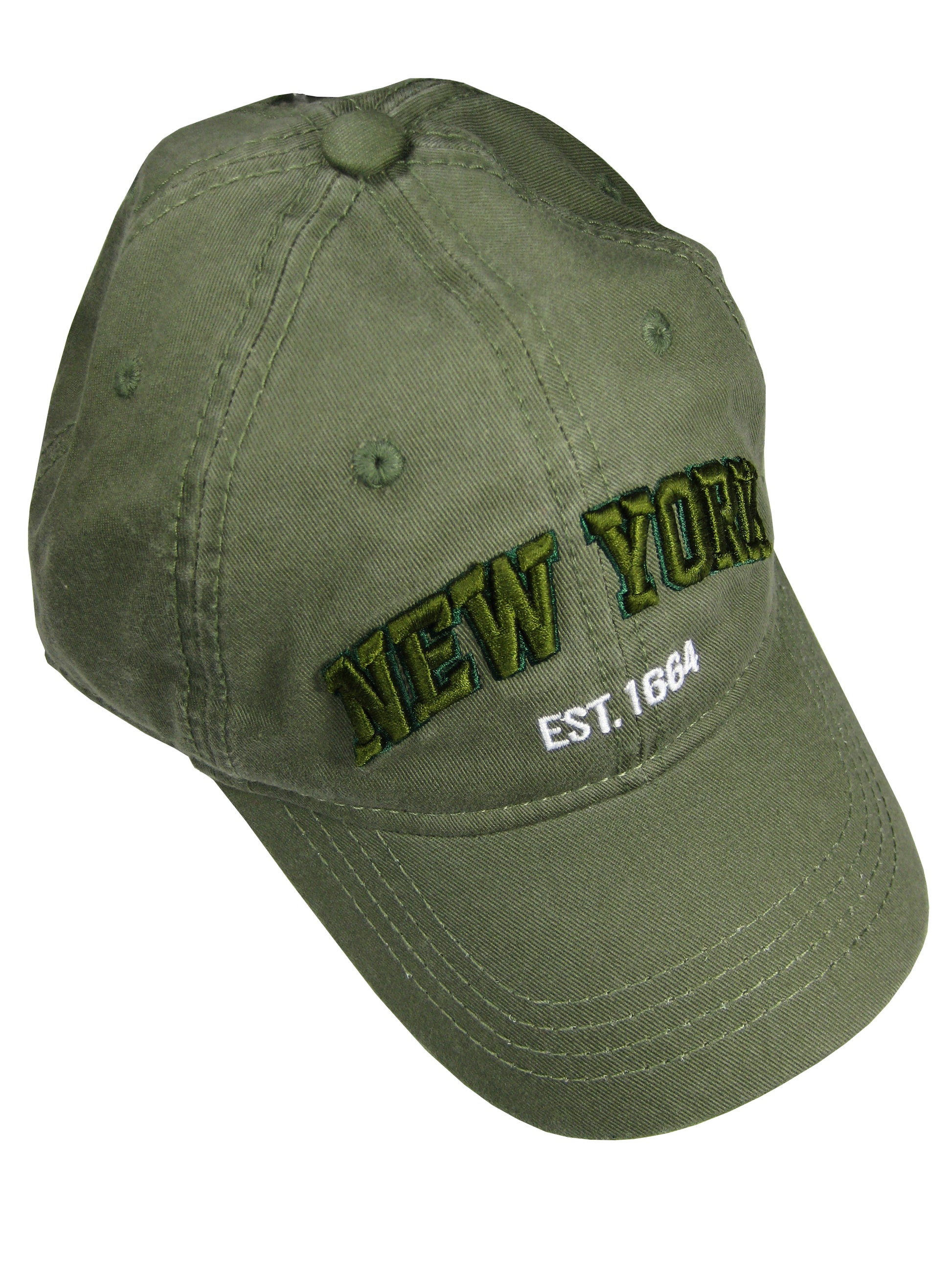 This is a classic olive green baseball‑style cap. It has a curved brim in front and a structured crown made of smooth, sturdy fabric. On the front panel, the words “New York” are embroidered in raised green stitching, with “Est. 1664” beneath it in white. The embroidery is textured and can be felt by touch. The cap has a comfortable inner sweatband and an adjustable strap at the back to fit different head sizes. It comes in various colors. The overall style is simple and timeless.