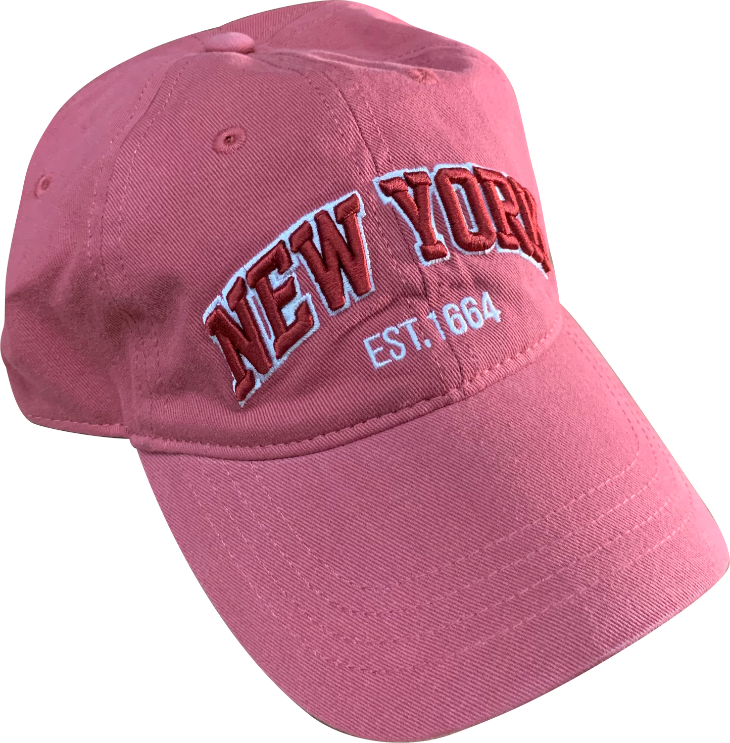 This is a classic rose colored baseball‑style cap with a curved brim and a structured crown made from smooth, sturdy fabric. On the front panel, “New York” is embroidered in raised red stitching outlined in white, with “Est. 1664” stitched below in white below. The embroidery is textured and can be felt by touch. Inside, the cap features a comfortable sweatband. An adjustable strap at the back allows it to fit a range of head sizes. 