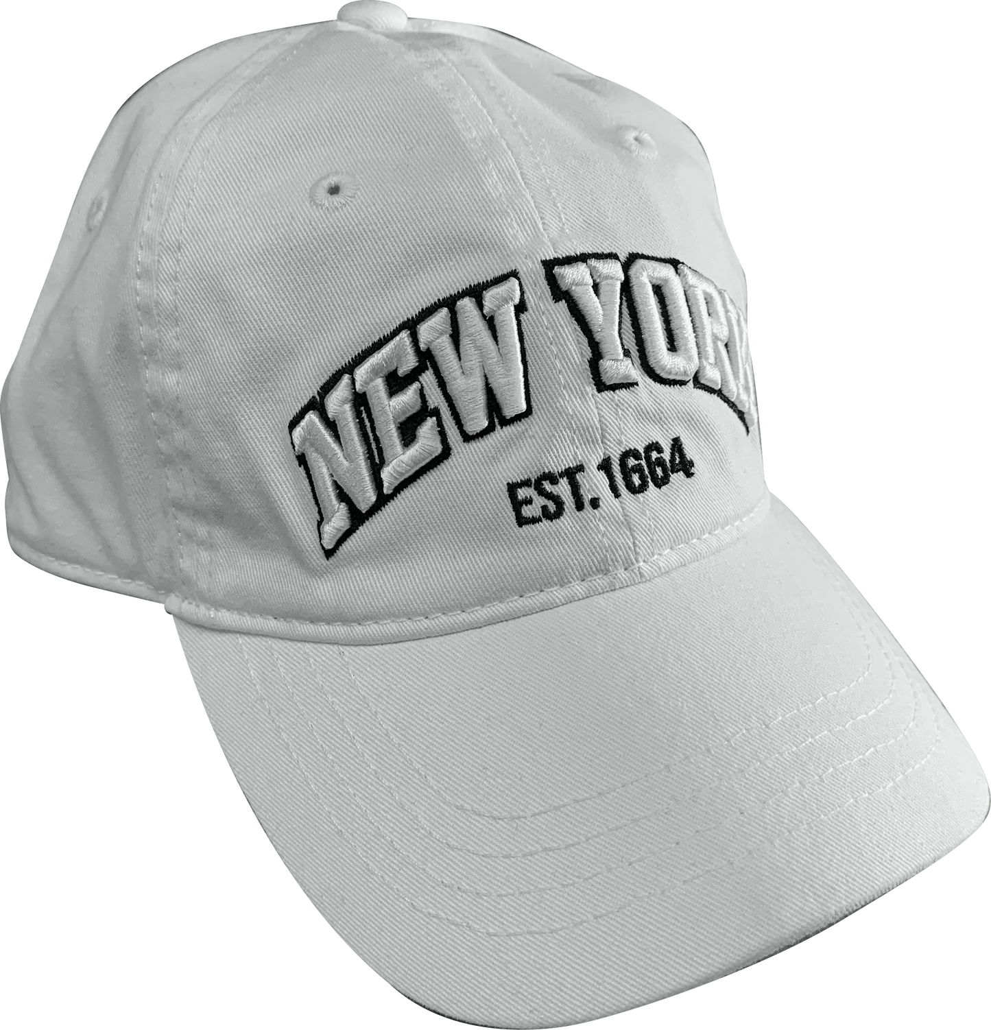 This is a classic white baseball‑style cap with a curved brim and a structured crown made from smooth, sturdy fabric. On the front panel, “New York” is embroidered in raised white stitching outlined in black, with “Est. 1664” stitched below in black. The embroidery is textured and can be felt by touch. Inside, the cap features a comfortable sweatband. An adjustable strap at the back allows it to fit a range of head sizes. 
