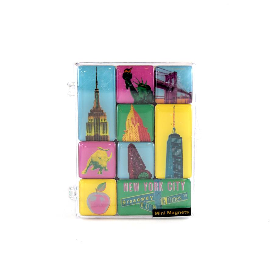 A pack of colorful mini magnets featuring various New York City-related images, sealed in a clear plastic packaging with the brand 'Mini Magnets' visible.