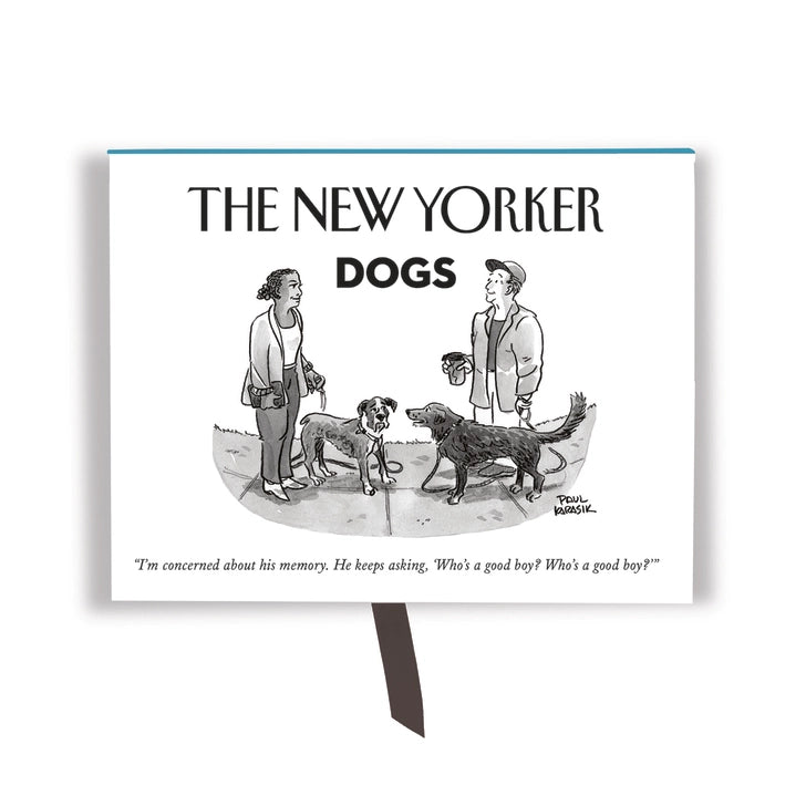 New Yorker Dogs Boxed Notes — 
A sturdy rectangular box with a smooth surface holds a stack of flat note cards and envelopes. The box opens on a hinge and includes a small satin ribbon tab inside. The cards are standard postcard size with a matte finish. Each one features a simple, high‑contrast cartoon dog illustration—clean lines, no raised textures. There are five different designs, four cards of each, all lightweight and easy to handle.