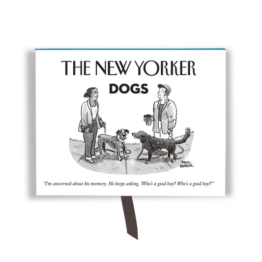 New Yorker Dogs Boxed Notes — 
A sturdy rectangular box with a smooth surface holds a stack of flat note cards and envelopes. The box opens on a hinge and includes a small satin ribbon tab inside. The cards are standard postcard size with a matte finish. Each one features a simple, high‑contrast cartoon dog illustration—clean lines, no raised textures. There are five different designs, four cards of each, all lightweight and easy to handle.