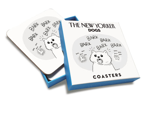 New Yorker Dogs Coaster Set —
A set of flat, square coasters about 4 inches across and very thin. Each has a smooth, matte surface with no raised texture. The printed designs are black cartoon dog graphics on a white background, all flat to the touch. The backs are cork, giving them a slightly textured feel. The coasters come neatly stacked in a small, sturdy square box with smooth sides and a snug fit.
