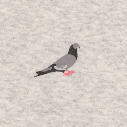 The image shows a pigeon motif in soft shades of gray with pink feet, printed on a heather‑gray sweatshirt fabric.
