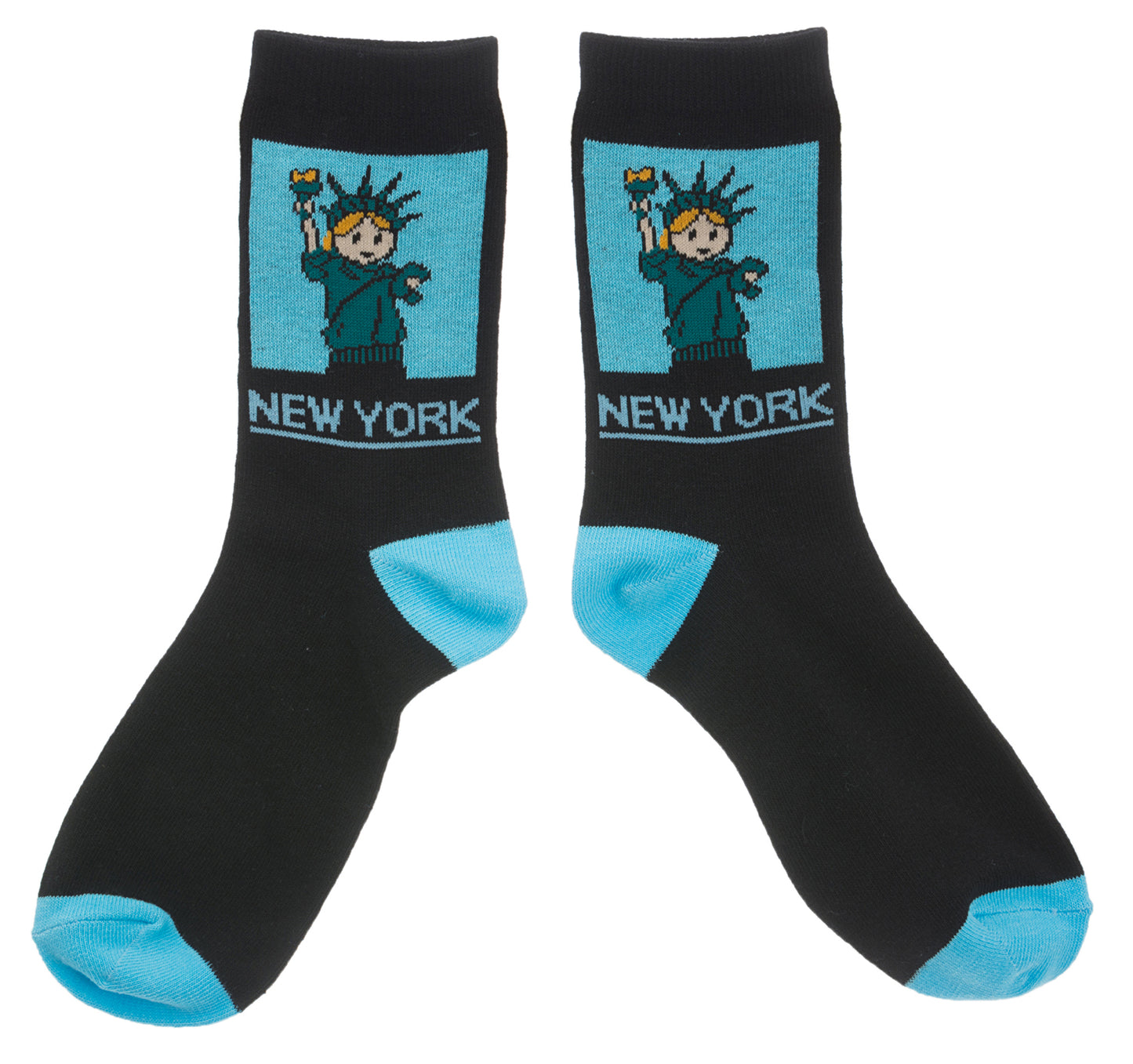 NYC Cartoon Statue of Liberty Socks 
These black crew socks feature a soft, woven cartoon image of the Statue of Liberty. On the ankle is a square blue panel outlined, containing a friendly aqua-green Lady Liberty with small orange details in her hair and torch flame. Below the panel, “NEW YORK” appears in large, bold lettering in blue. The socks feel smooth and flexible, made for comfortable everyday wear with playful New York character.