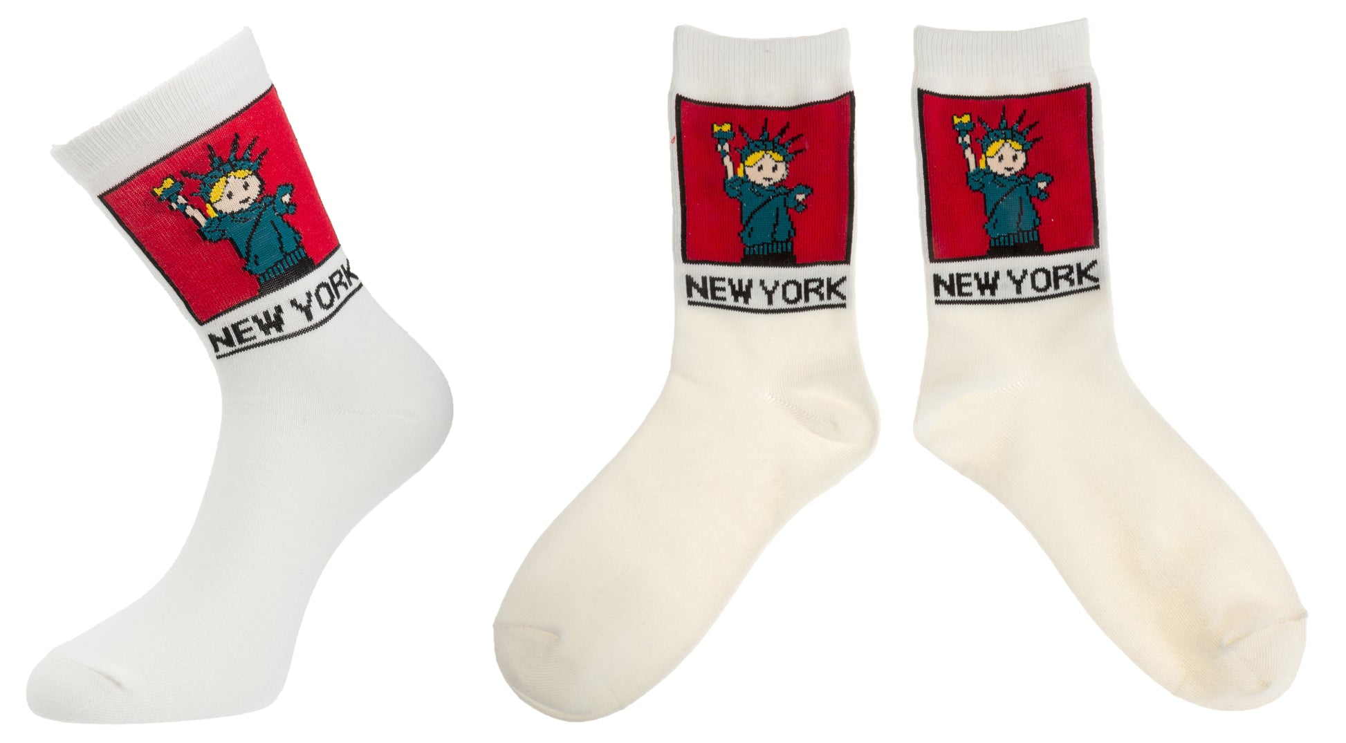 NYC Cartoon Statue of Liberty Socks 
These white crew socks feature a soft, woven cartoon image of the Statue of Liberty. On the ankle is a square red panel outlined in black, containing a friendly green Lady Liberty with small orange details in her hair and torch flame. Below the panel, “NEW YORK” appears in large, bold lettering in black. The socks feel smooth and flexible, made for comfortable everyday wear with playful New York character.