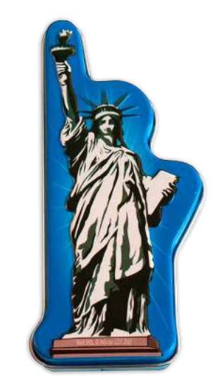 Product title: Statue of Liberty Peppermints. The image shows a small, sturdy, pocket‑sized die‑cut metal tin box in blue. The front features a simple white‑and‑black illustration of the Statue of Liberty with a copper‑colored base.