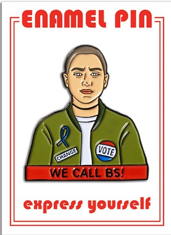 A one inch enamel pin in the shape of an illustrated portrait of Emma Gonzalez.