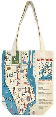 A heavyweight 100% cotton canvas tote bag featuring a vintage‑style map of New York City printed on off‑white canvas. The map shows streets, neighborhoods, and waterways, with Manhattan landmarks illustrated and framed by the Hudson and East Rivers in light blue. A black‑text list of featured landmarks appears on the right, with an inset map of Staten Island above it and "New York" in orange block letters. Measures 16 × 13 inches.