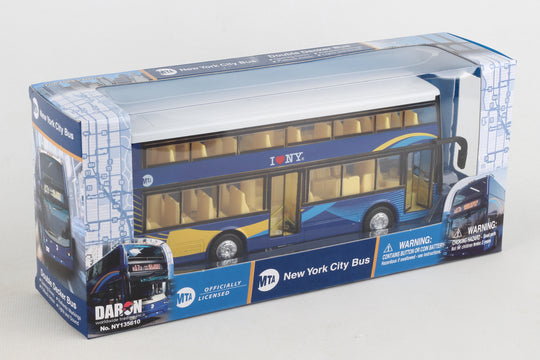 The image shows the double‑decker bus inside its box, visible through a clear side panel. The front and back of the packaging are printed with a grid-like map of New York City streets.