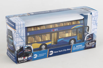 The image shows the double‑decker bus inside its box, visible through a clear side panel. The front and back of the packaging are printed with a grid-like map of New York City streets.