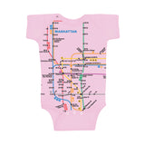A light pink baby onesie with NYC subway Map print.