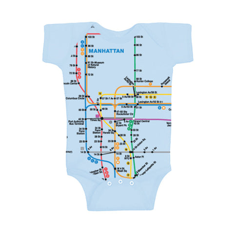 A light blue baby onesie with NYC subway Map print.
