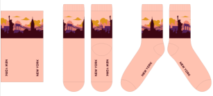 Soft, everyday pink socks with New York City flair. “New York” is printed in black along the sole, while a wraparound cuff features a skyline of simple silhouettes, including the Statue of Liberty and the Empire State Building. Made from a cotton polyester blend, they fit most adults and teens, are machine washable, and are perfect for wearing—or gifting.